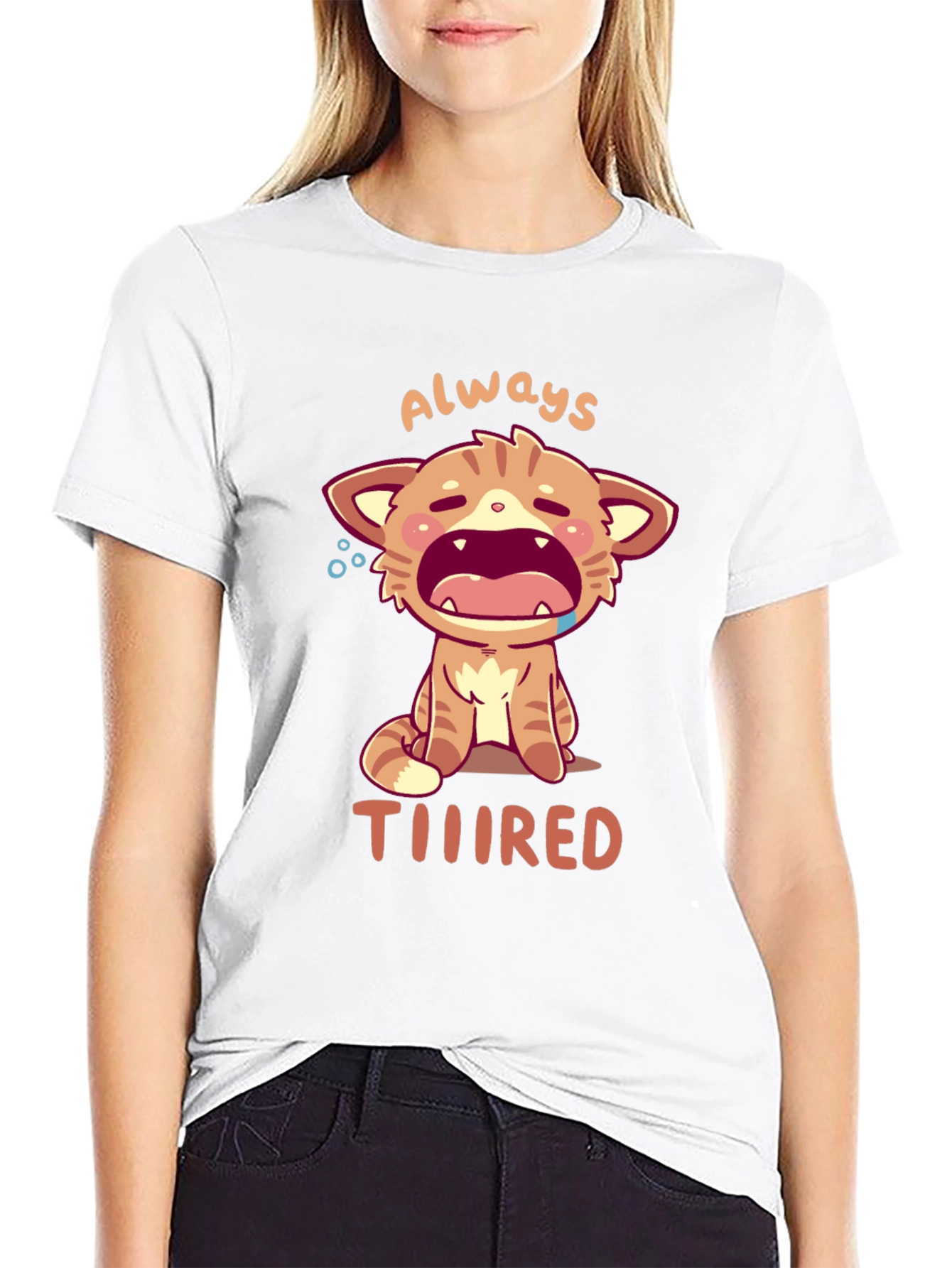 Always Tiiiired Cat Graphic Tee - Black Cotton T-Shirt