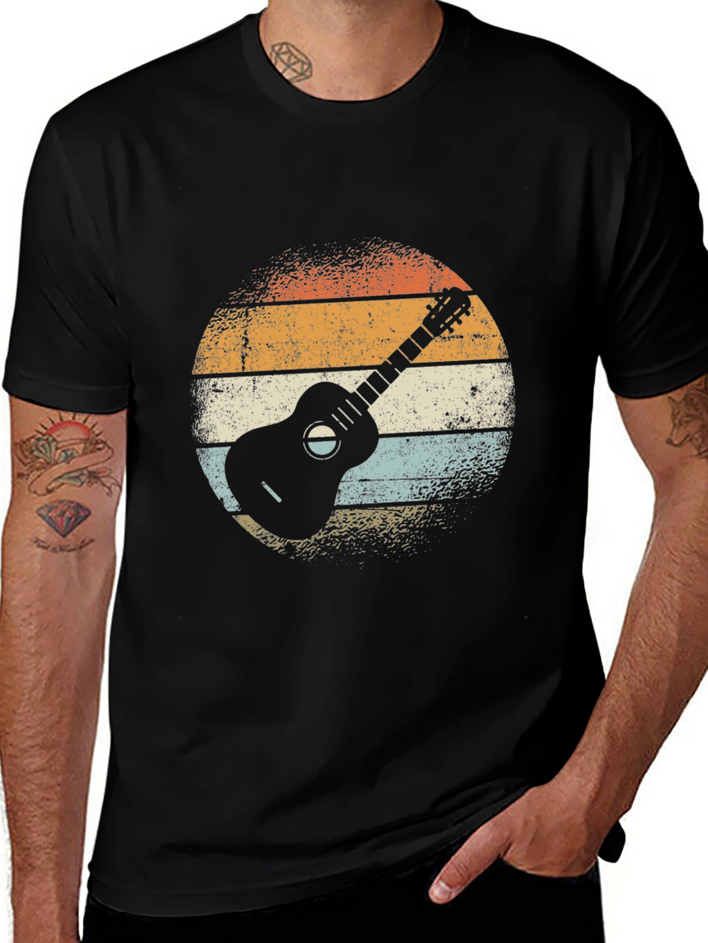 Retro Guitar Graphic Tee - Black Cotton T-Shirt