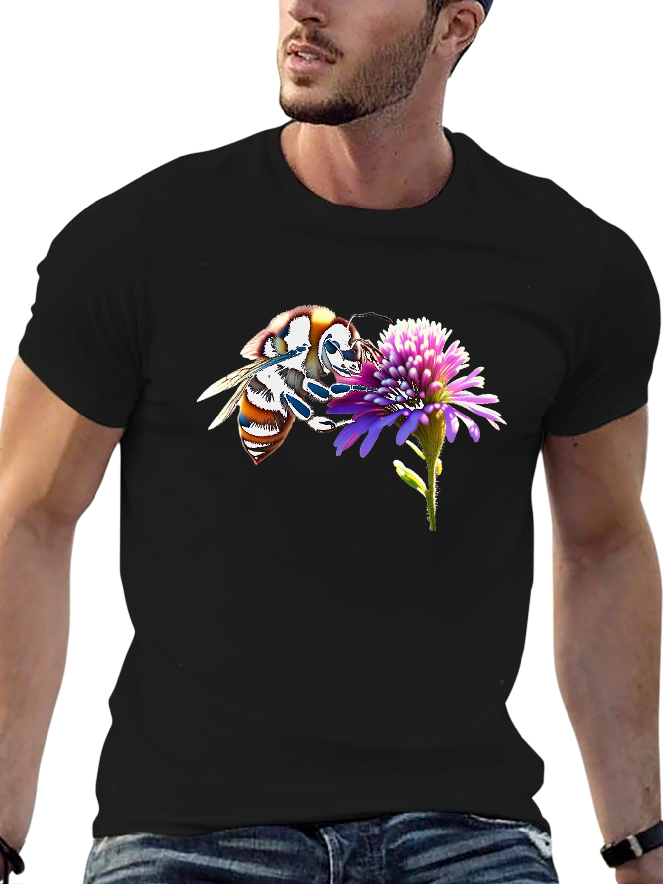 Bee on Flower Black T-Shirt