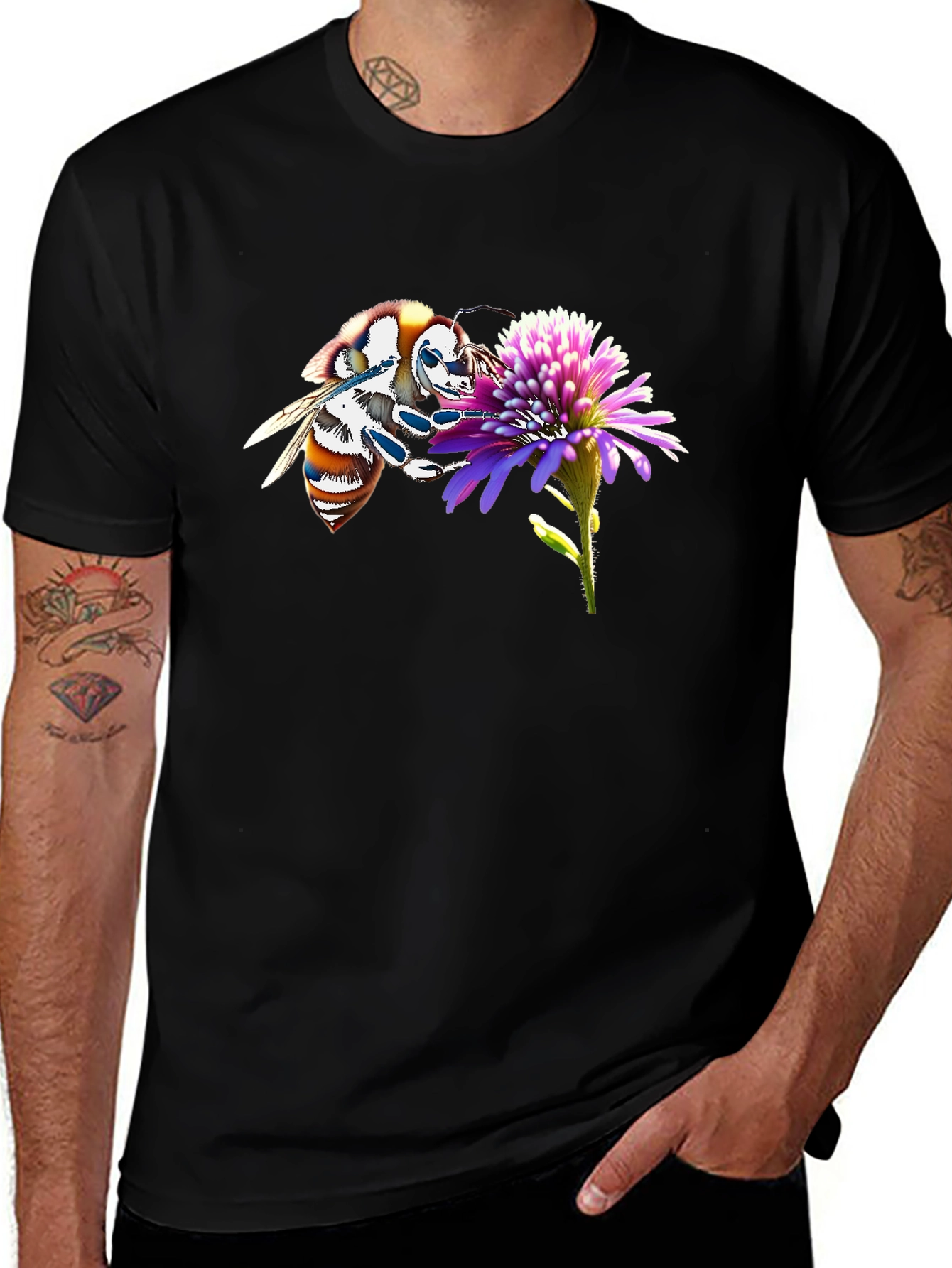 Bee on Flower Black T-Shirt