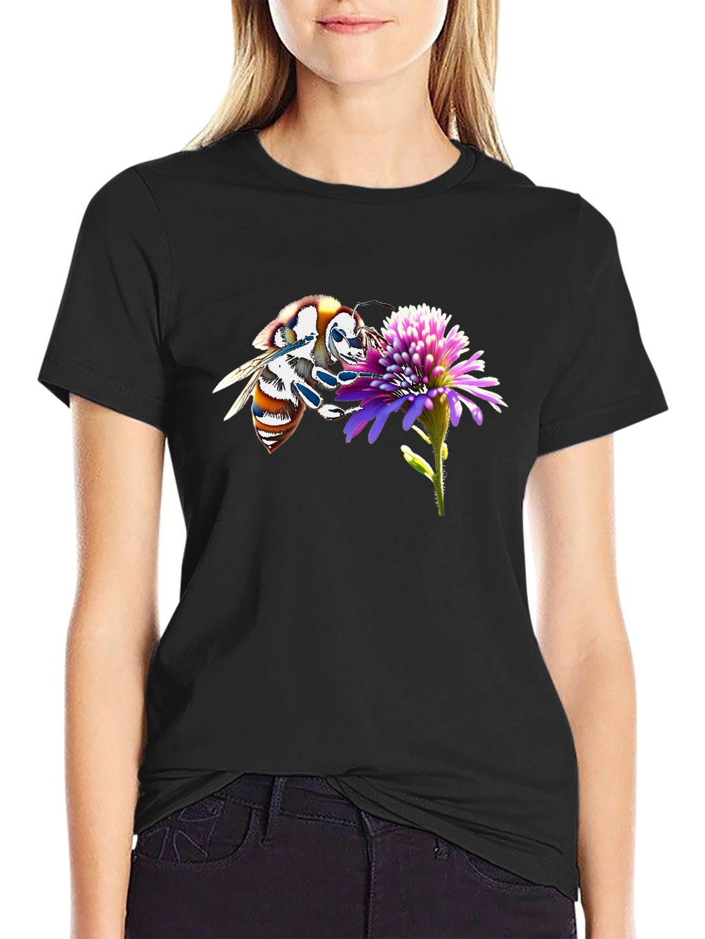 Bee on Flower Black T-Shirt