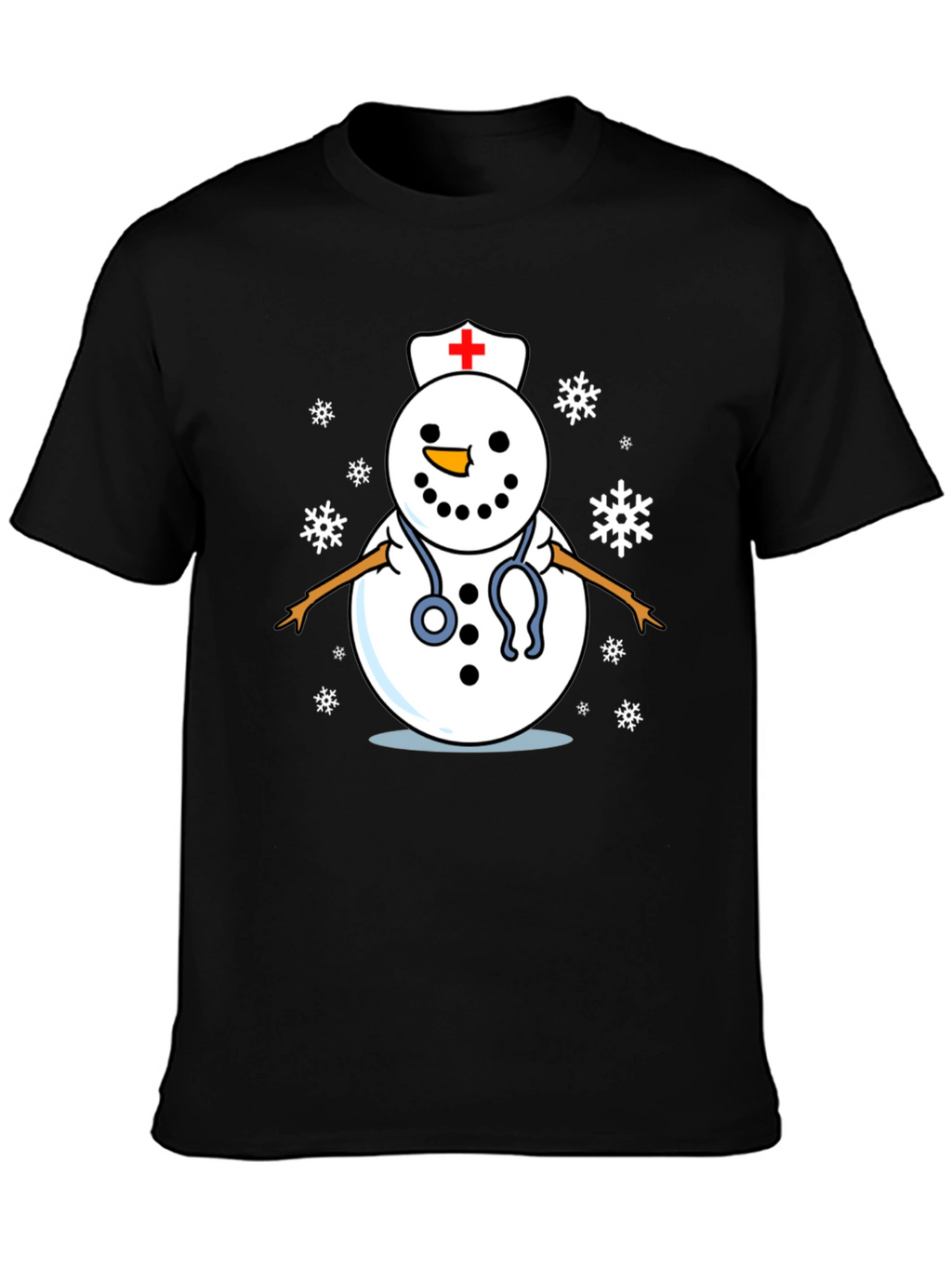 Nurse Snowman T-Shirt - Black Cotton Holiday Tee
