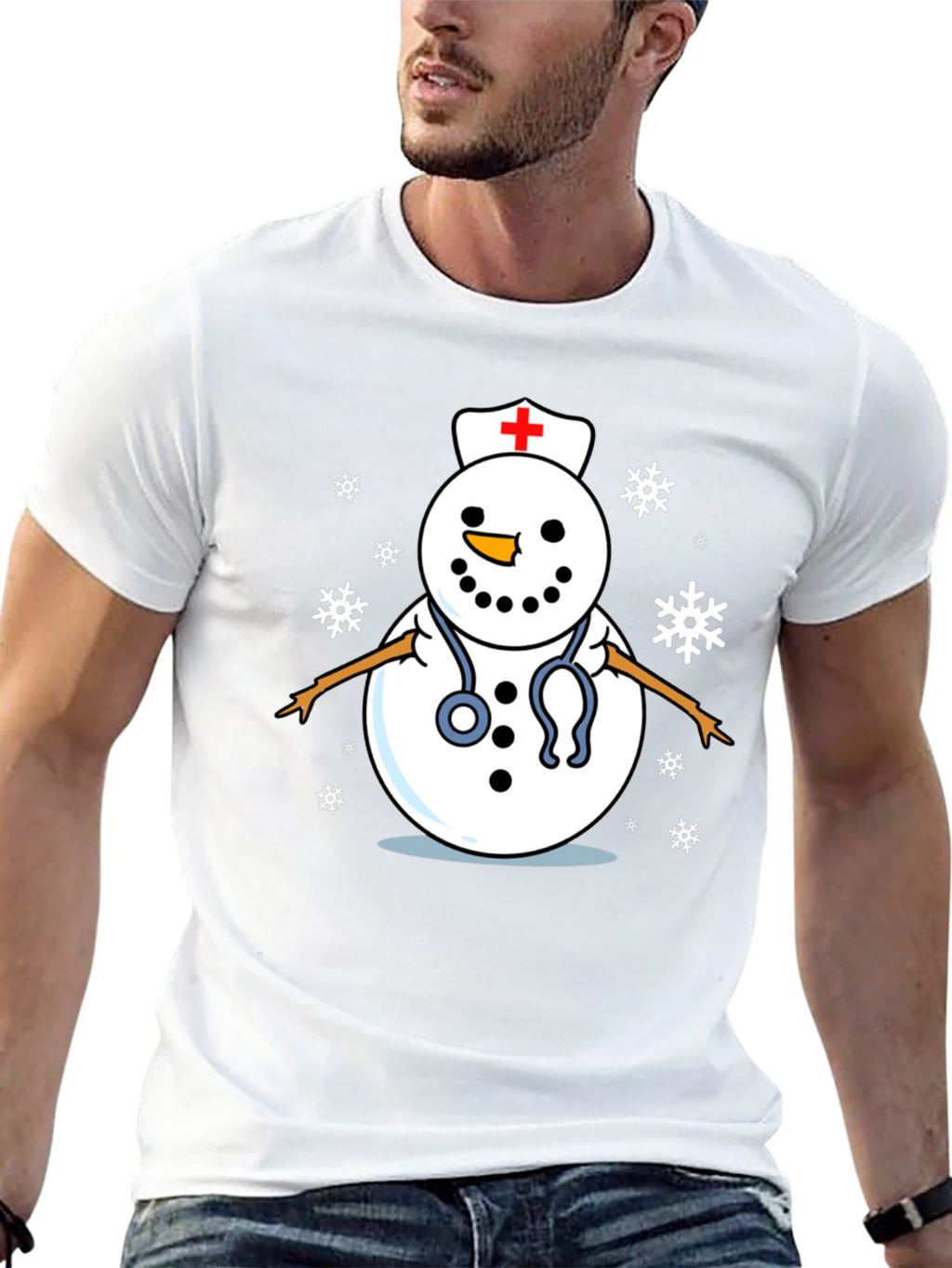 Nurse Snowman T-Shirt - Black Cotton Holiday Tee