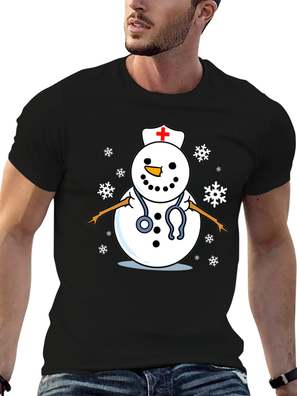 Nurse Snowman T-Shirt - Black Cotton Holiday Tee