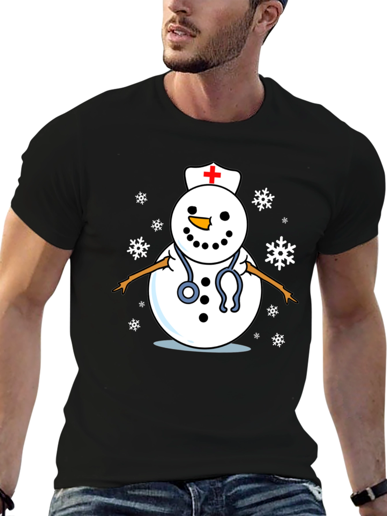 Nurse Snowman T-Shirt - Black Cotton Holiday Tee