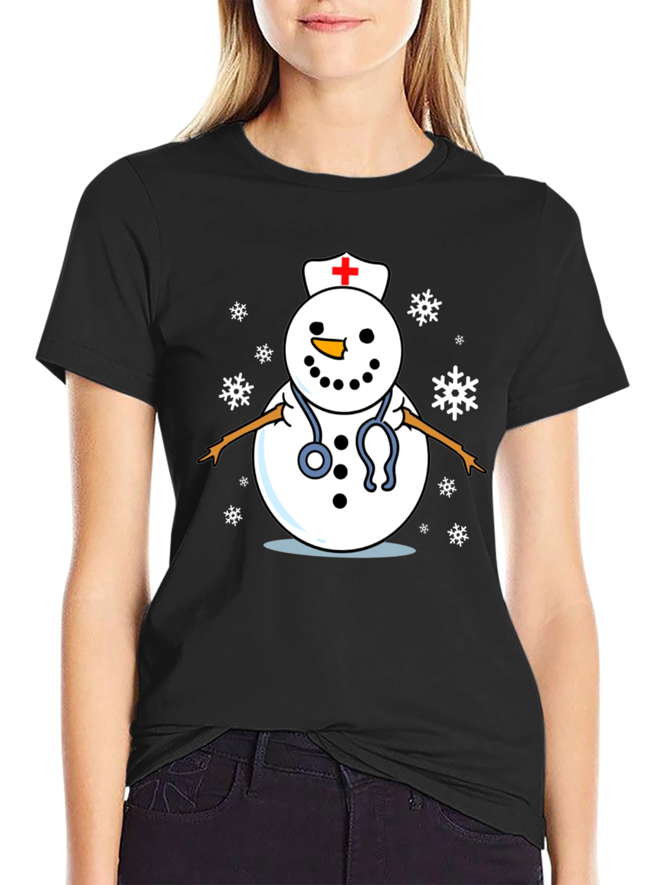 Nurse Snowman T-Shirt - Black Cotton Holiday Tee