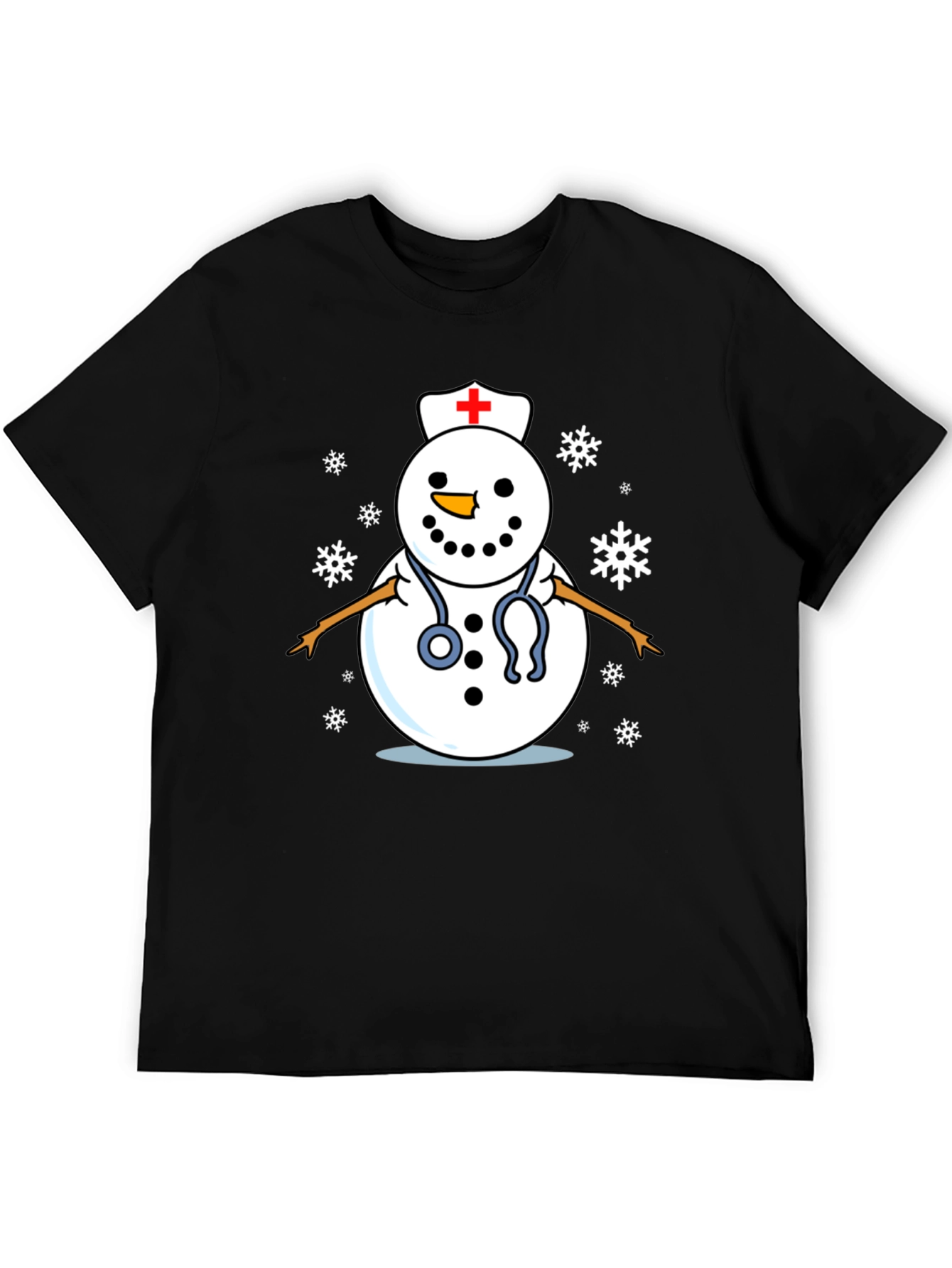 Nurse Snowman T-Shirt - Black Cotton Holiday Tee