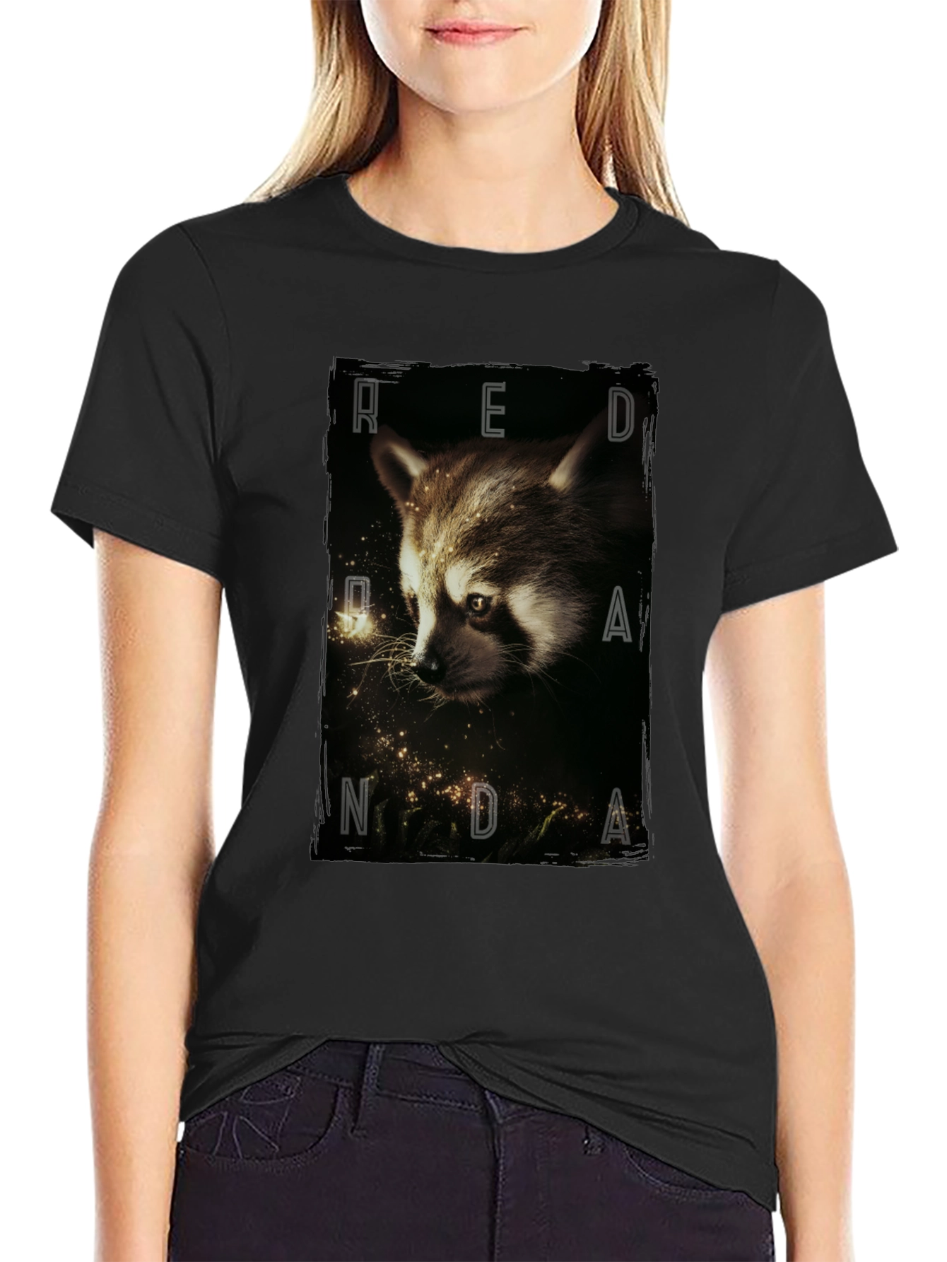 Red Randa Raccoon Graphic Black T-Shirt