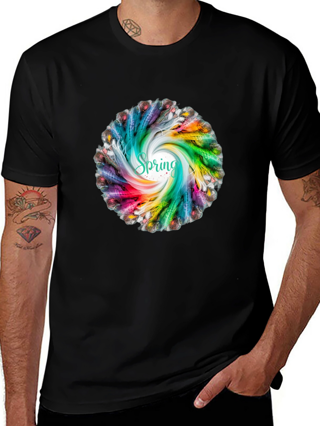 Spring Feather Swirl Black T-Shirt