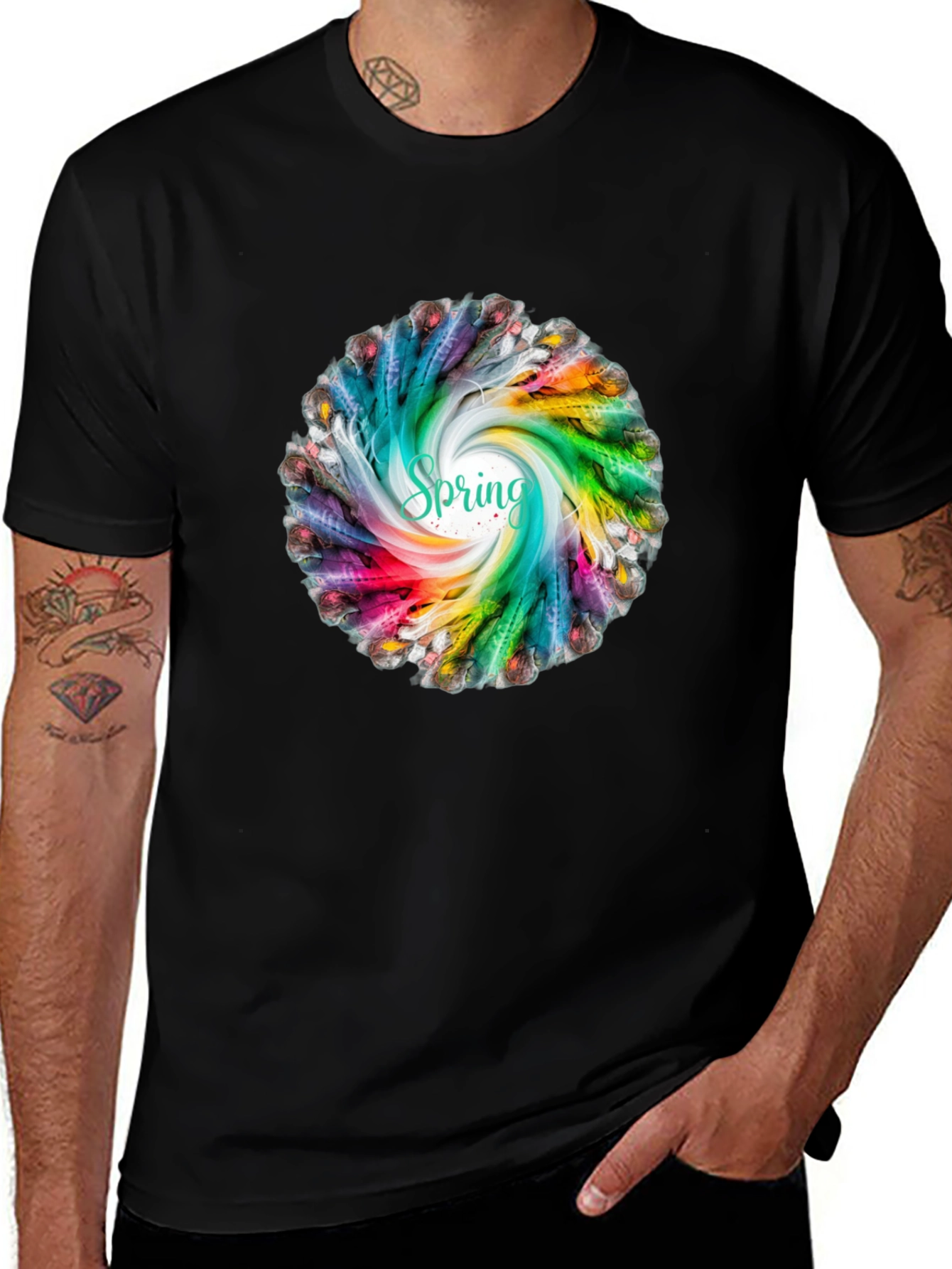 Spring Feather Swirl Black T-Shirt