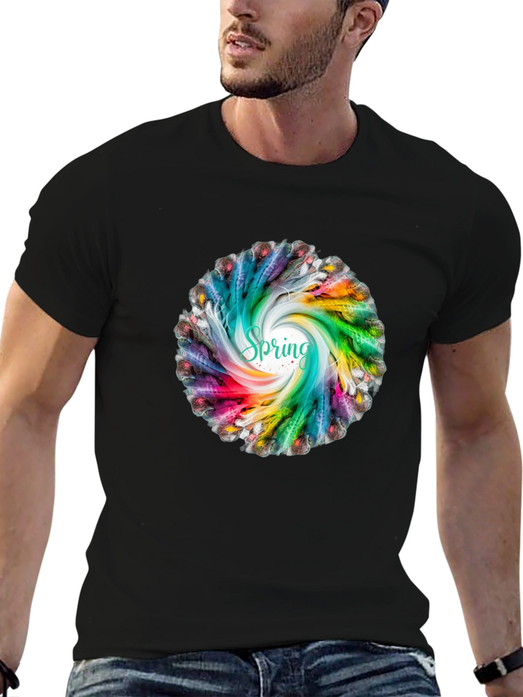 Spring Feather Swirl Black T-Shirt