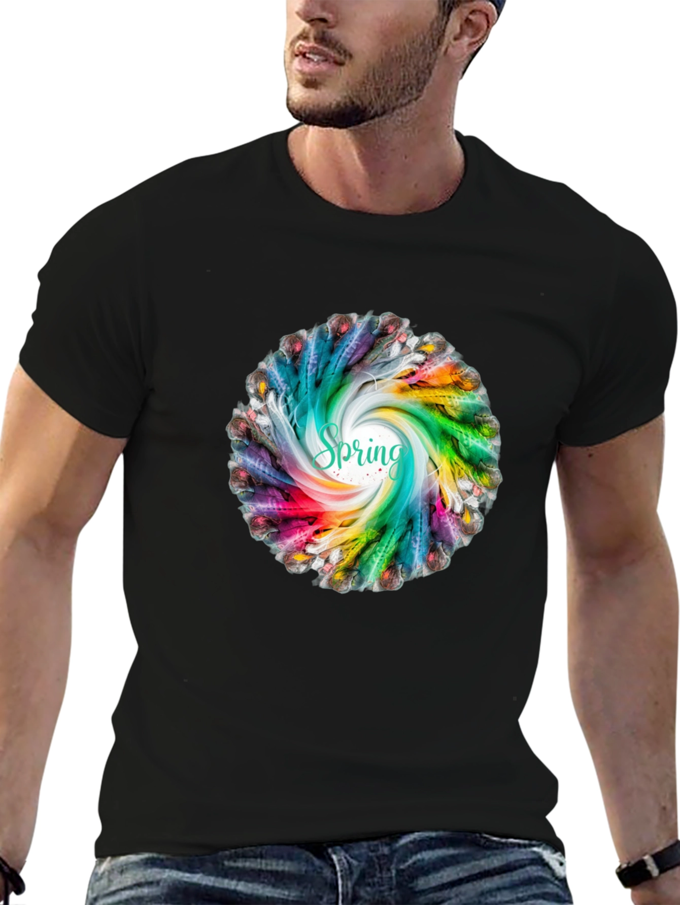 Spring Feather Swirl Black T-Shirt