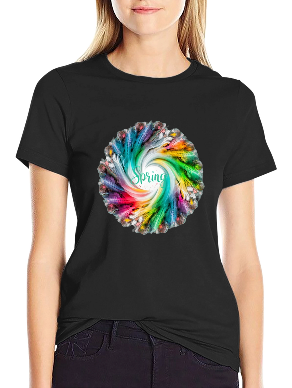 Spring Feather Swirl Black T-Shirt