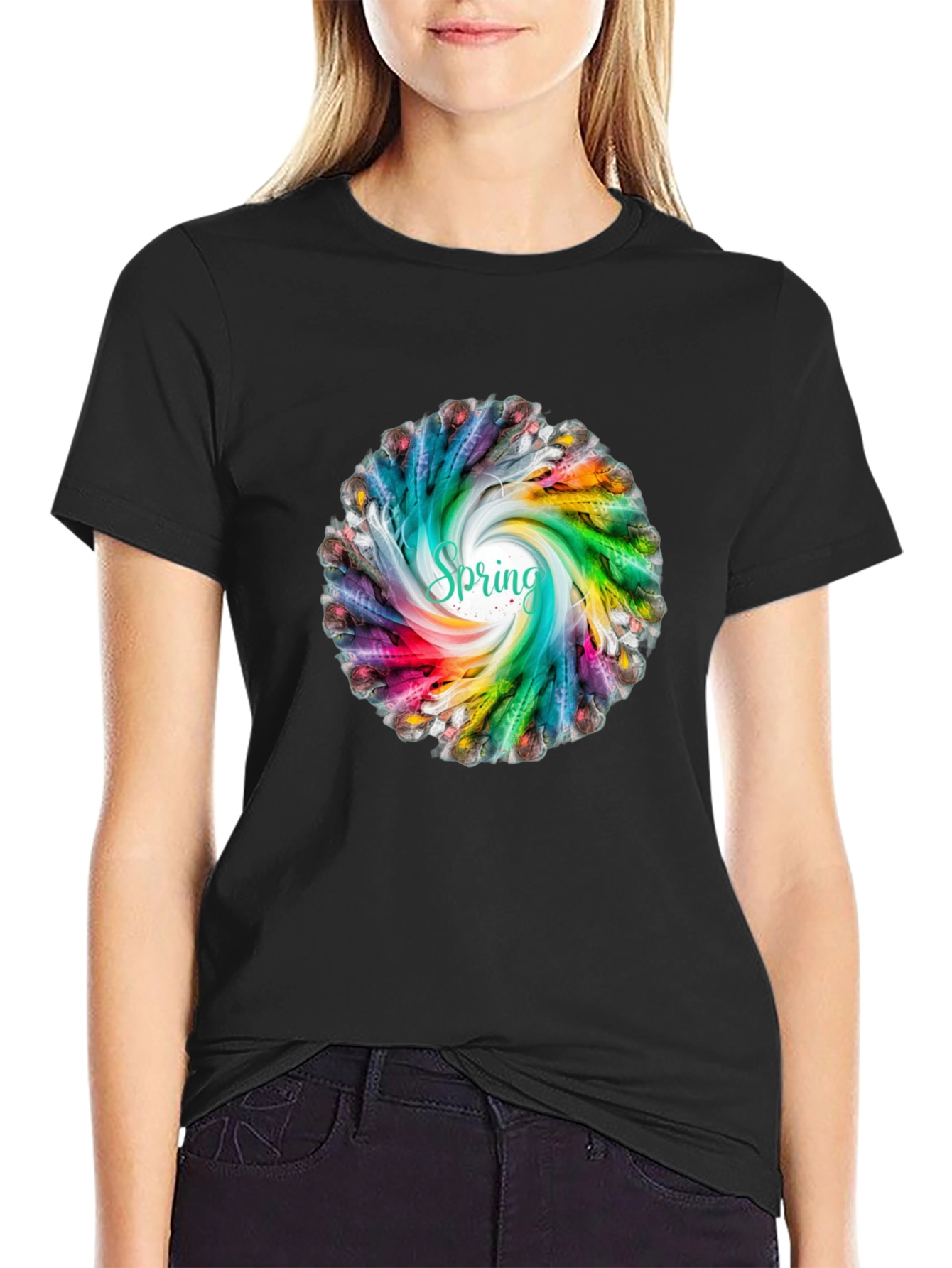 Spring Feather Swirl Black T-Shirt