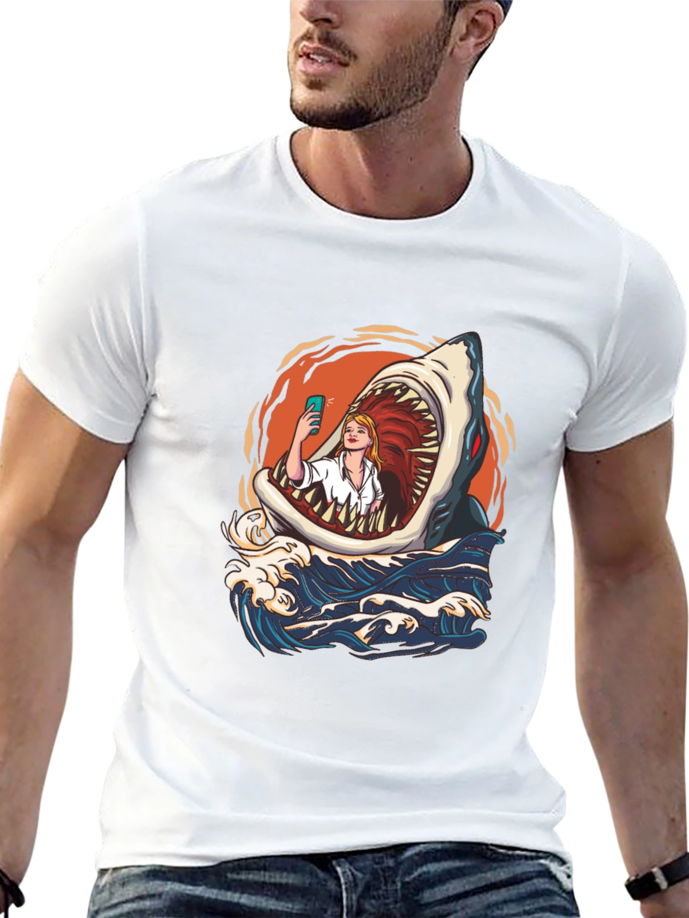 Shark Selfie Graphic Tee - Funny Ocean Print