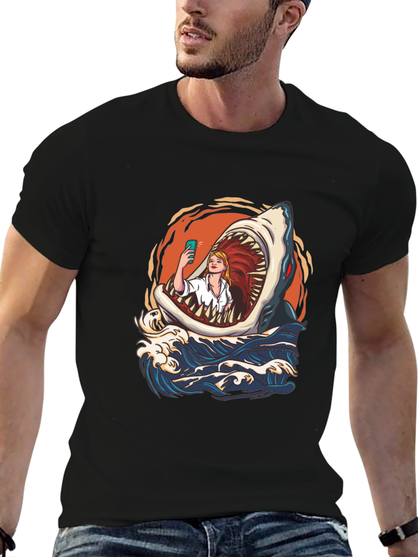 Shark Selfie Graphic Tee - Funny Ocean Print