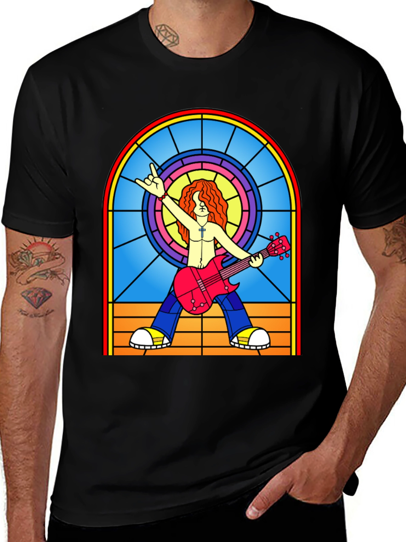 Rock Guitarist Stained Glass Graphic T-Shirt