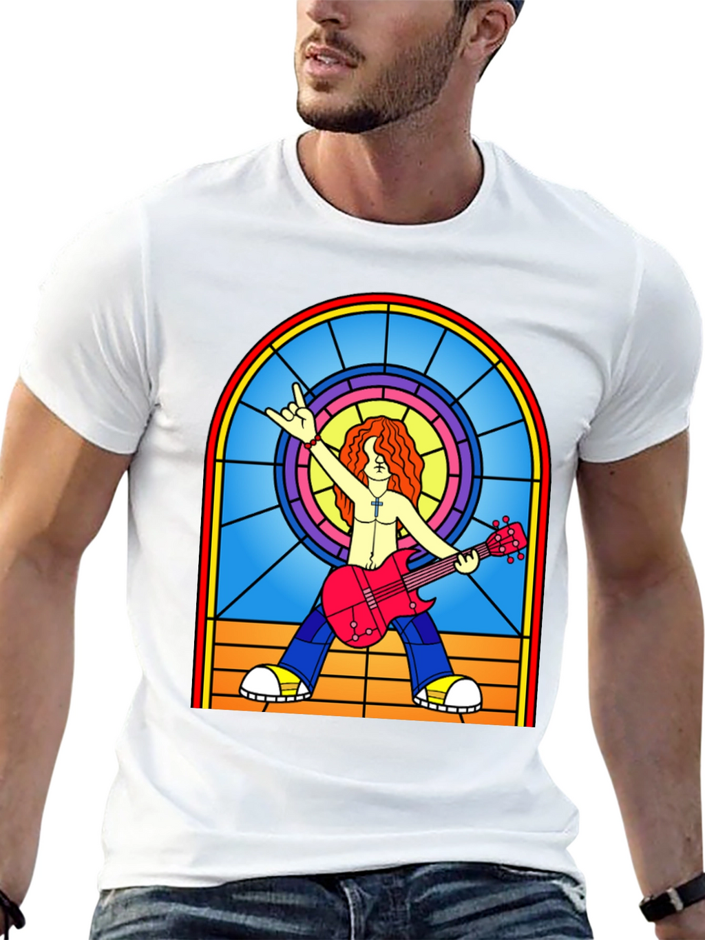 Rock Guitarist Stained Glass Graphic T-Shirt