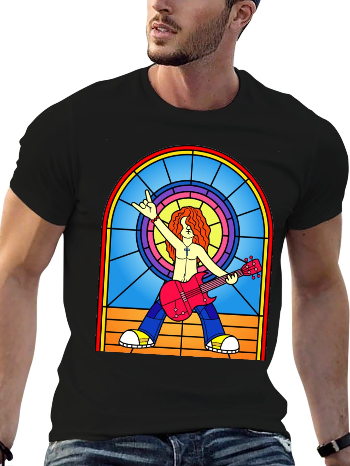 Rock Guitarist Stained Glass Graphic T-Shirt