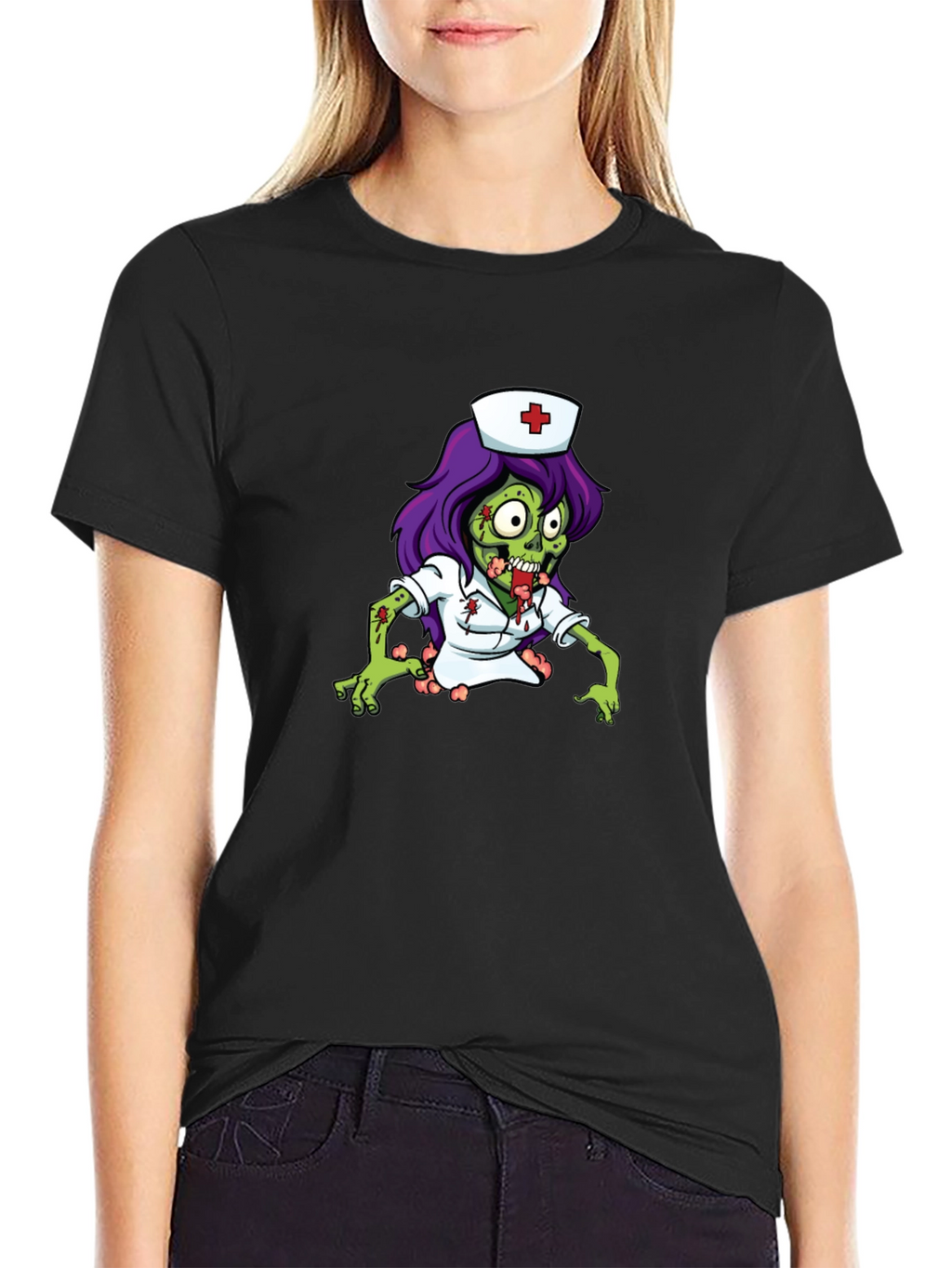 Zombie Nurse Graphic Tee - Black Cotton T-Shirt