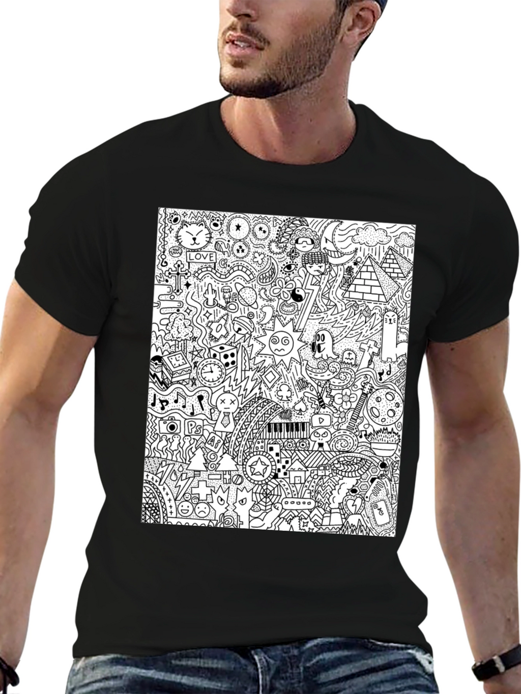 Doodle Art Black Tee - Quirky Graphic Print