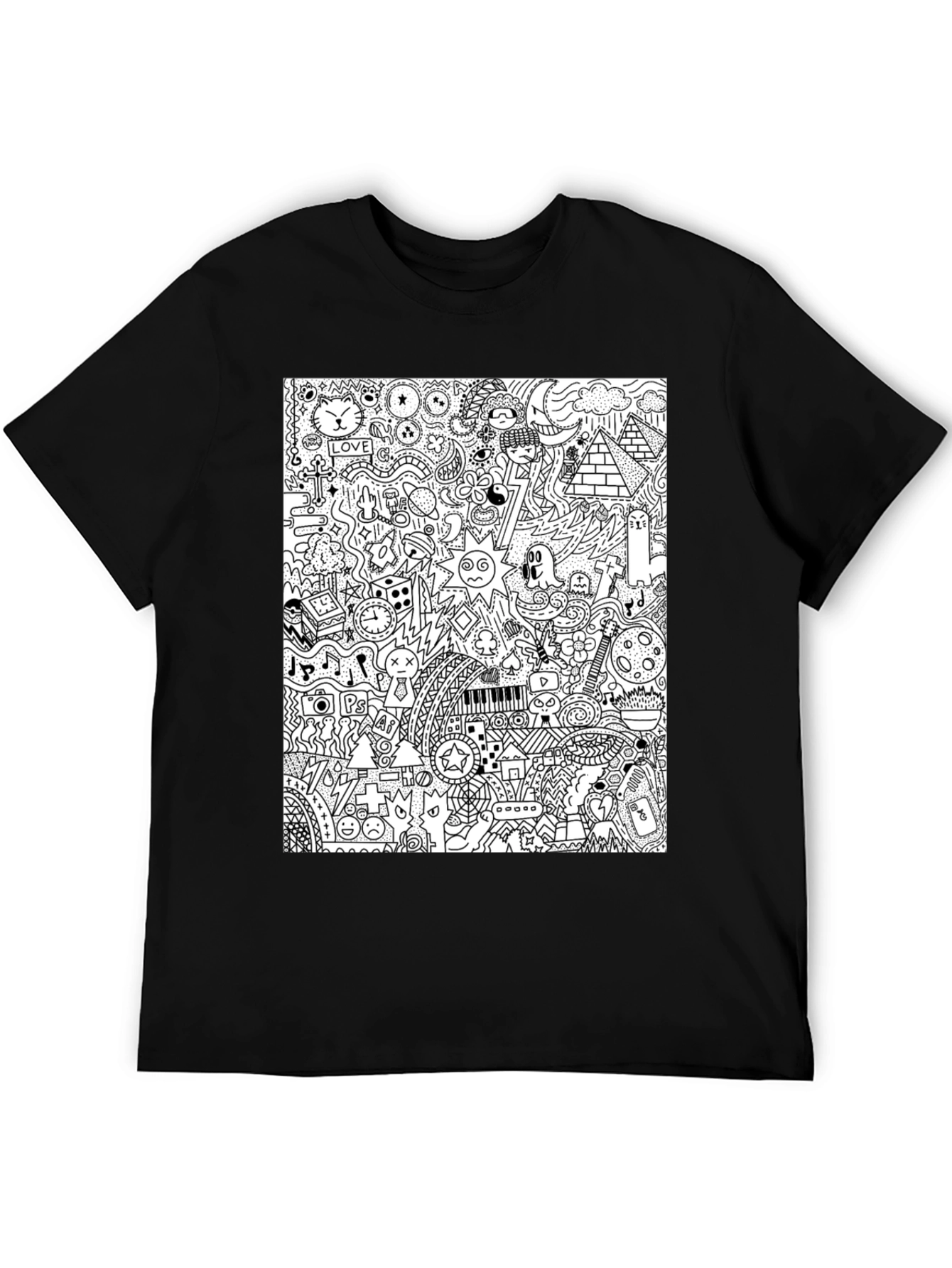 Doodle Art Black Tee - Quirky Graphic Print