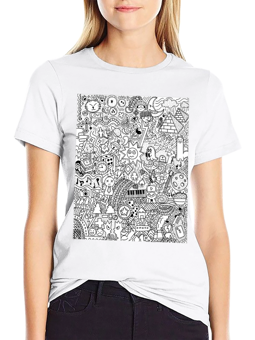 Doodle Art Black Tee - Quirky Graphic Print