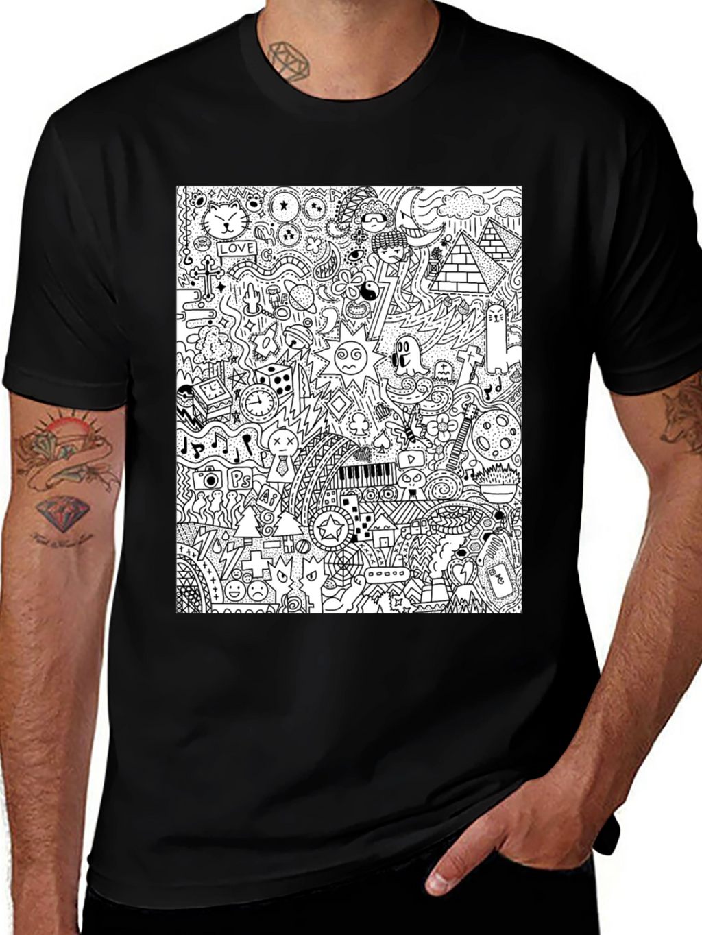 Doodle Art Black Tee - Quirky Graphic Print