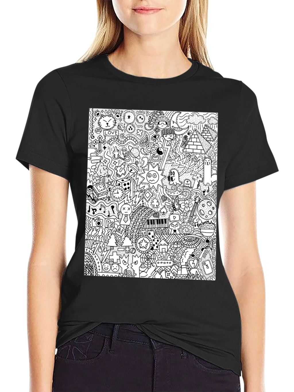Doodle Art Black Tee - Quirky Graphic Print