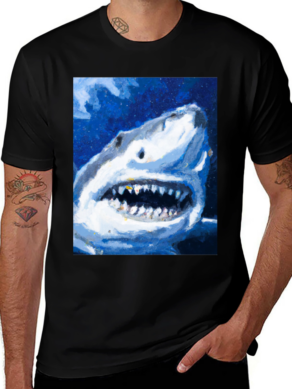 Shark Attack Graphic Print Mens Black T-Shirt