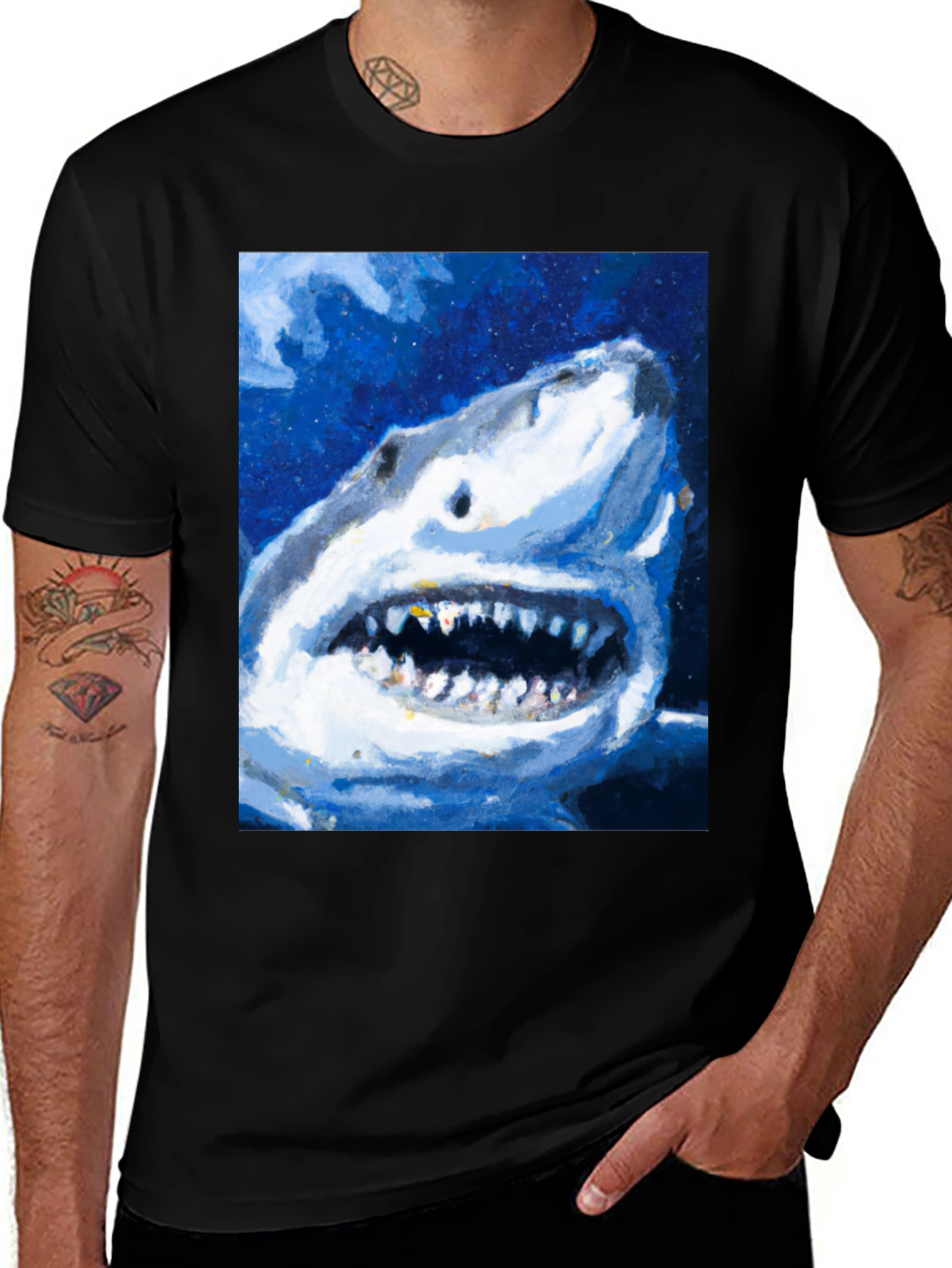 Shark Attack Graphic Print Mens Black T-Shirt