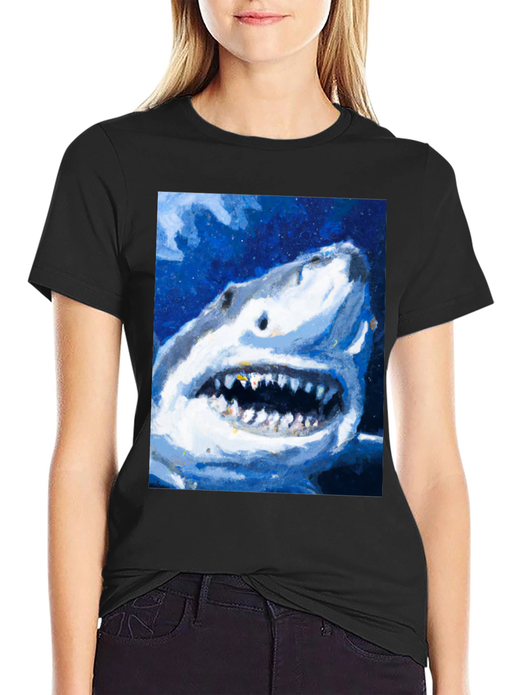 Shark Attack Graphic Print Mens Black T-Shirt