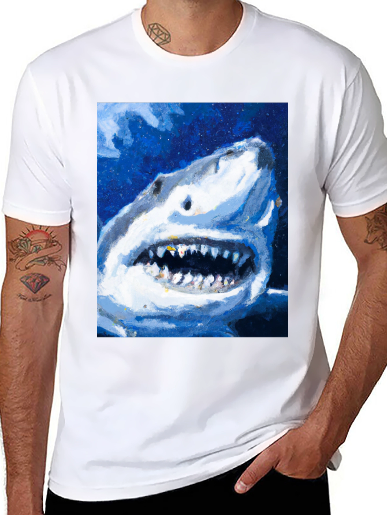 Shark Attack Graphic Print Mens Black T-Shirt