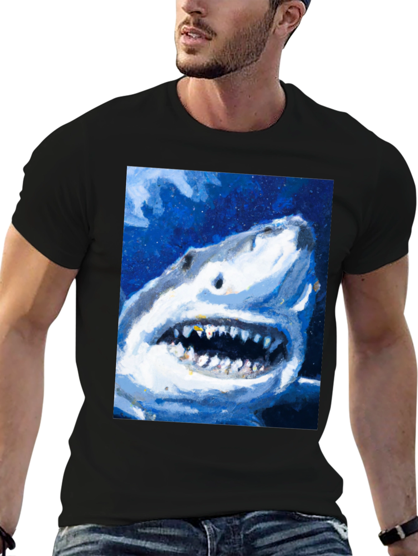 Shark Attack Graphic Print Mens Black T-Shirt