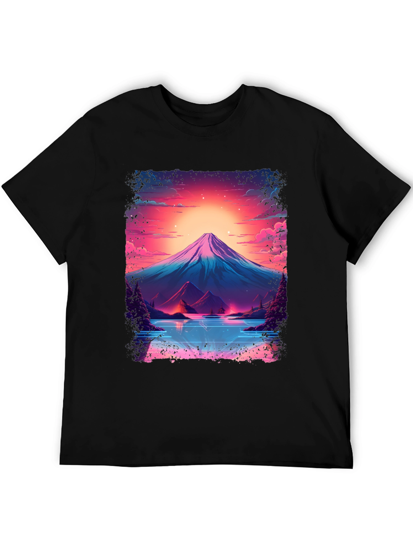 Neon Mountain Lake T-Shirt - Black Cotton Blend