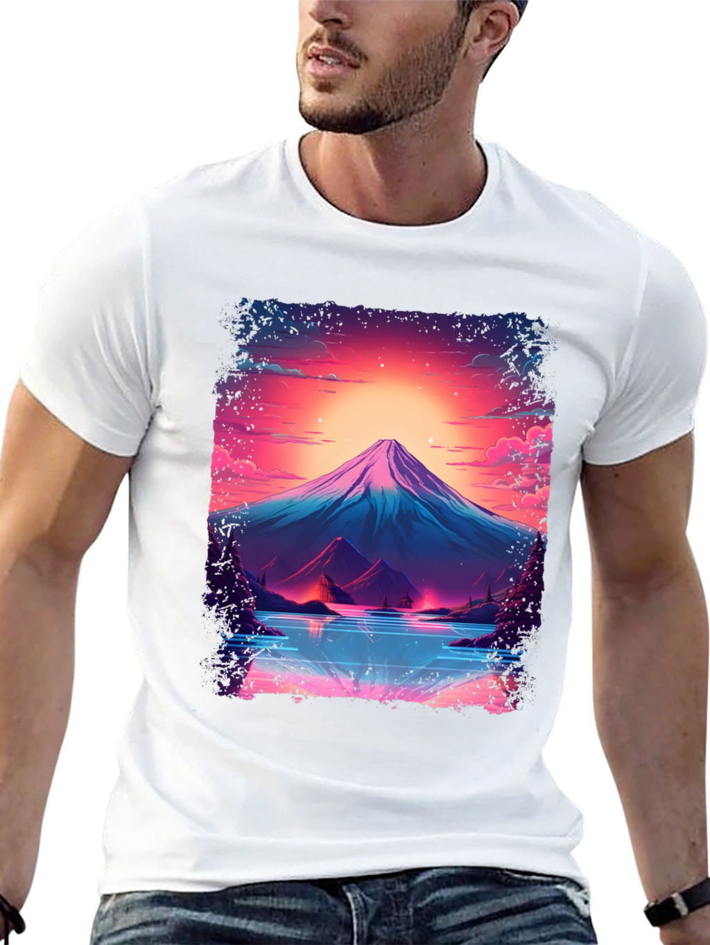 Neon Mountain Lake T-Shirt - Black Cotton Blend
