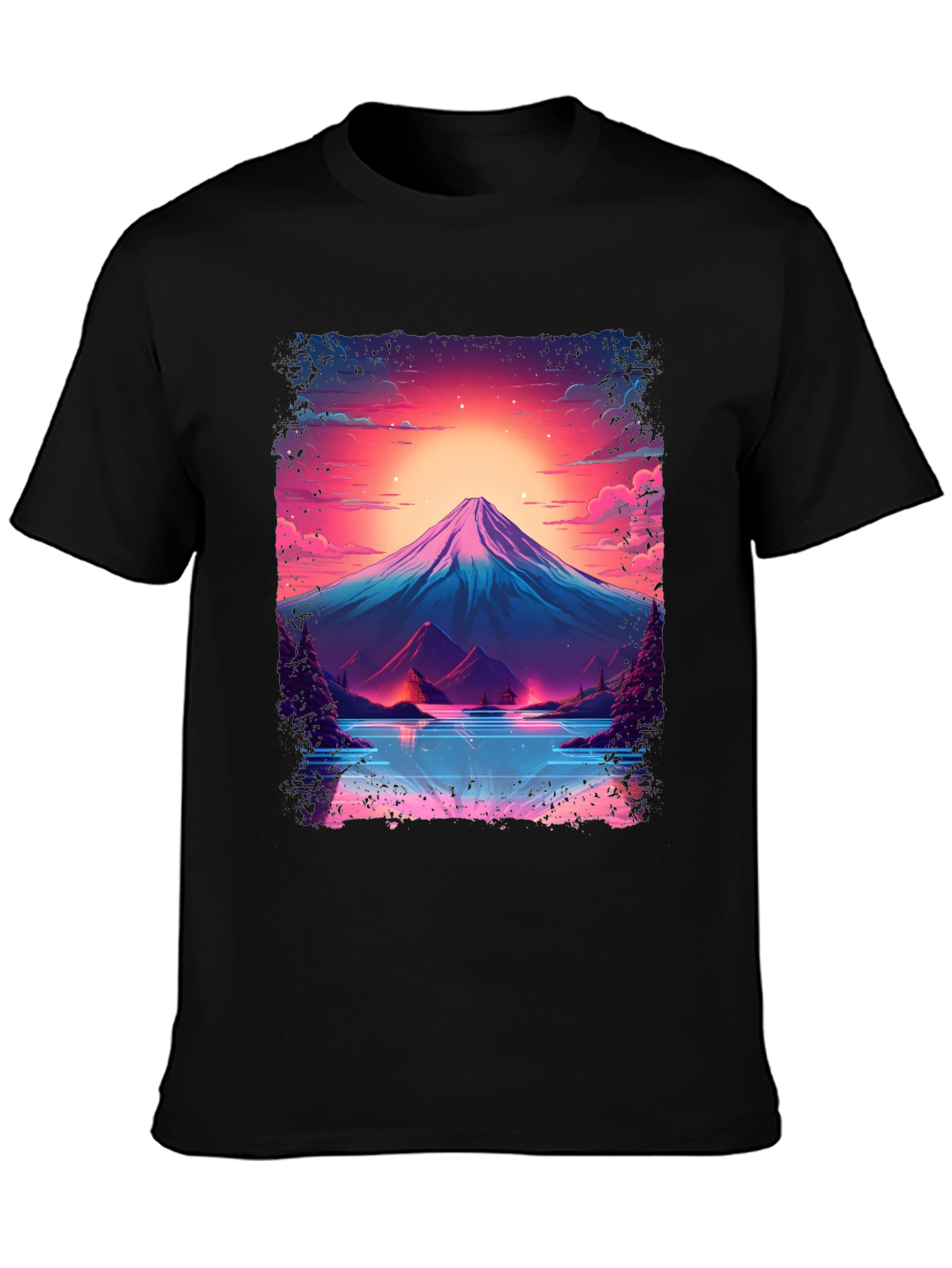 Neon Mountain Lake T-Shirt - Black Cotton Blend