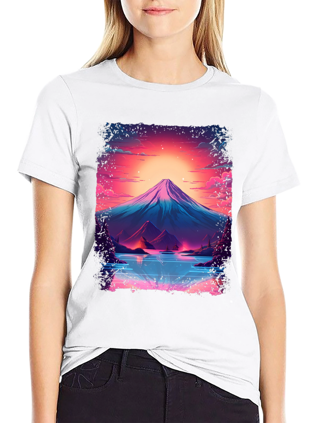 Neon Mountain Lake T-Shirt - Black Cotton Blend