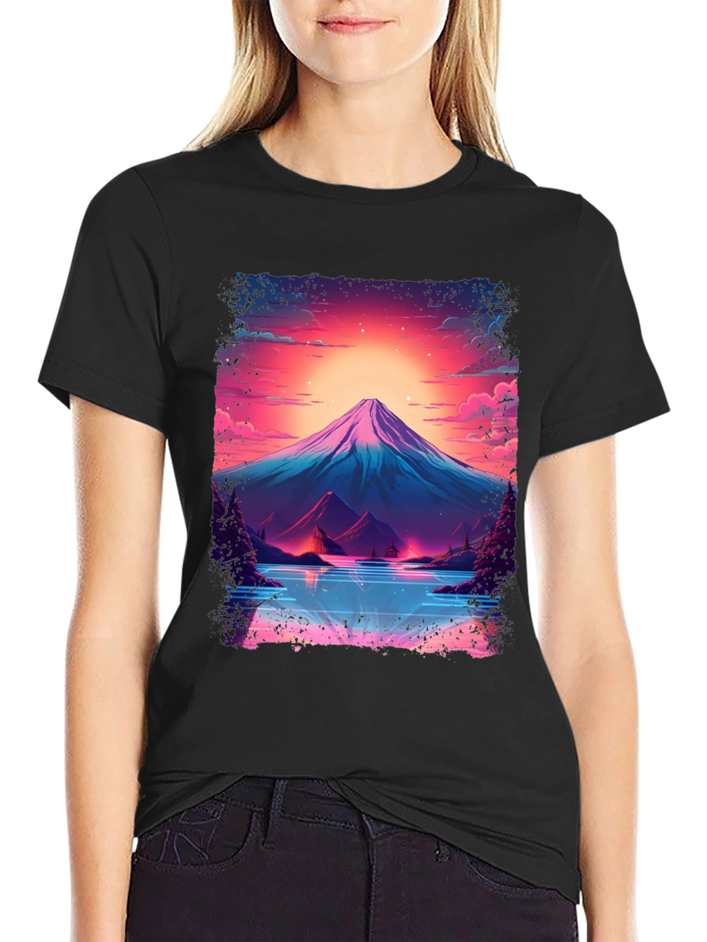 Neon Mountain Lake T-Shirt - Black Cotton Blend