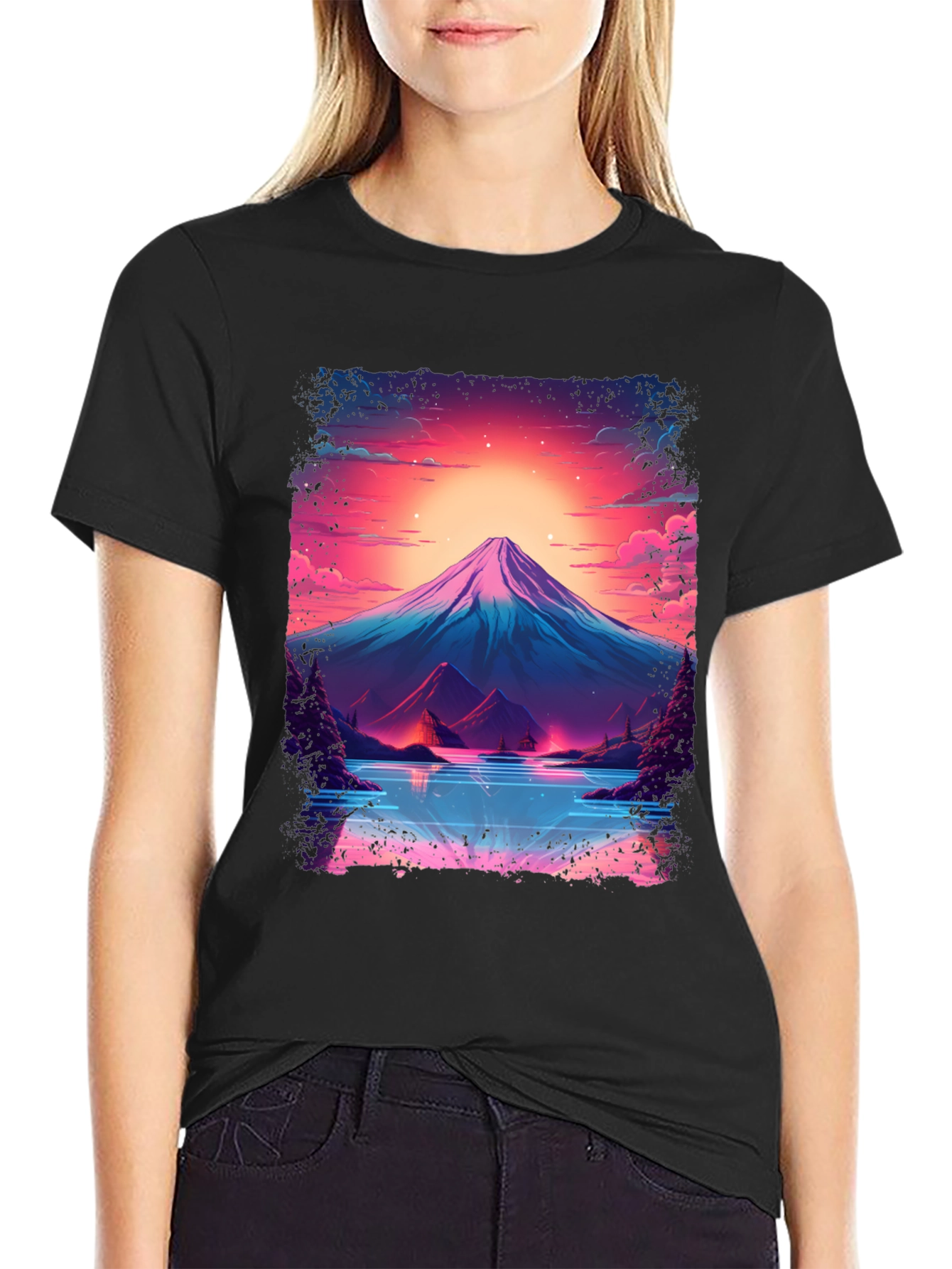 Neon Mountain Lake T-Shirt - Black Cotton Blend