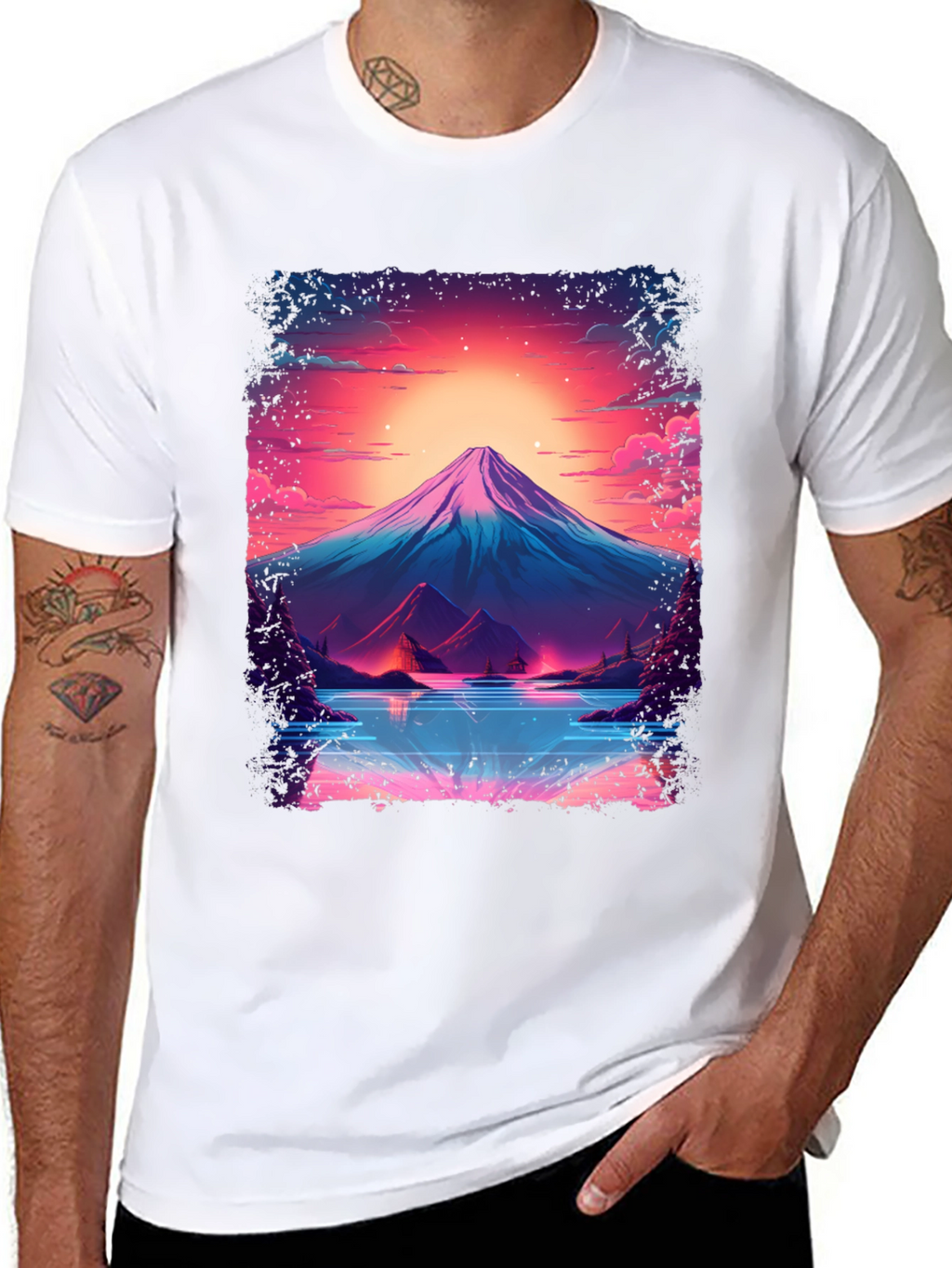 Neon Mountain Lake T-Shirt - Black Cotton Blend