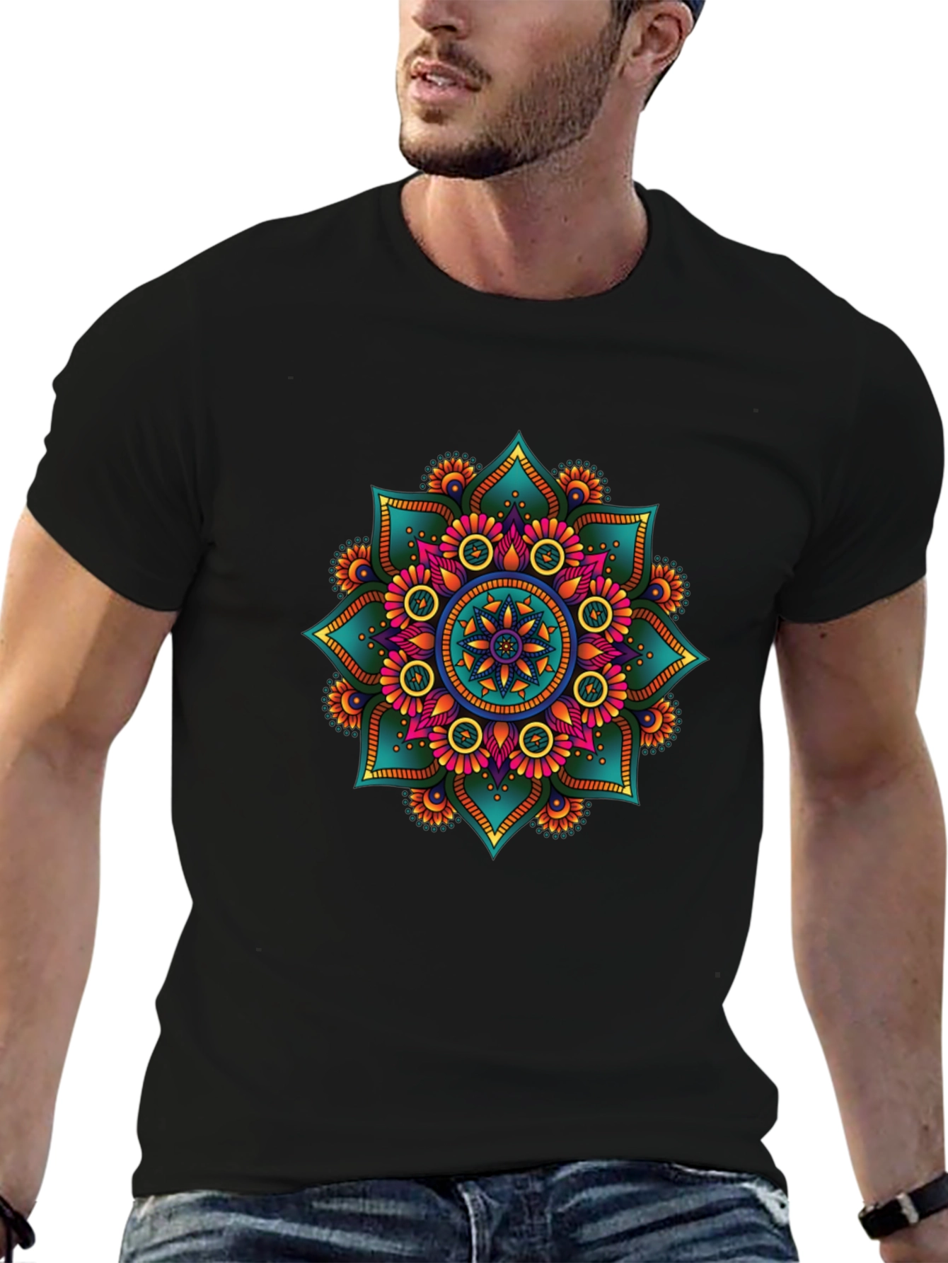Vibrant Mandala Print Black T-Shirt
