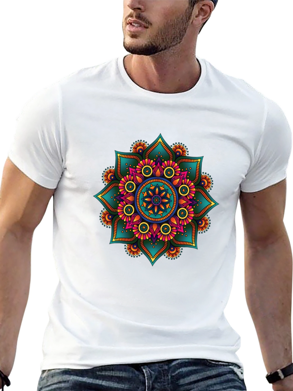 Vibrant Mandala Print Black T-Shirt