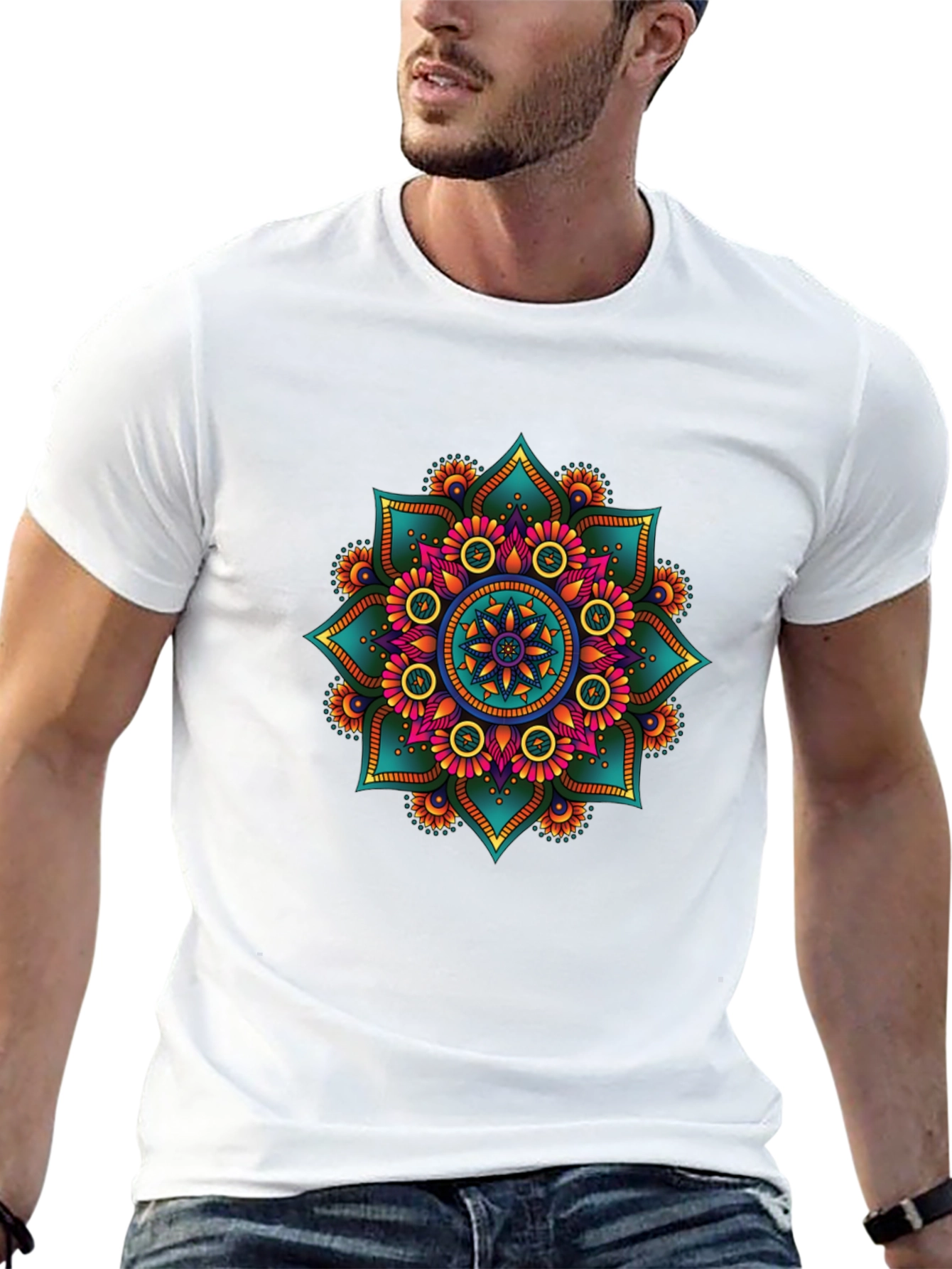 Vibrant Mandala Print Black T-Shirt