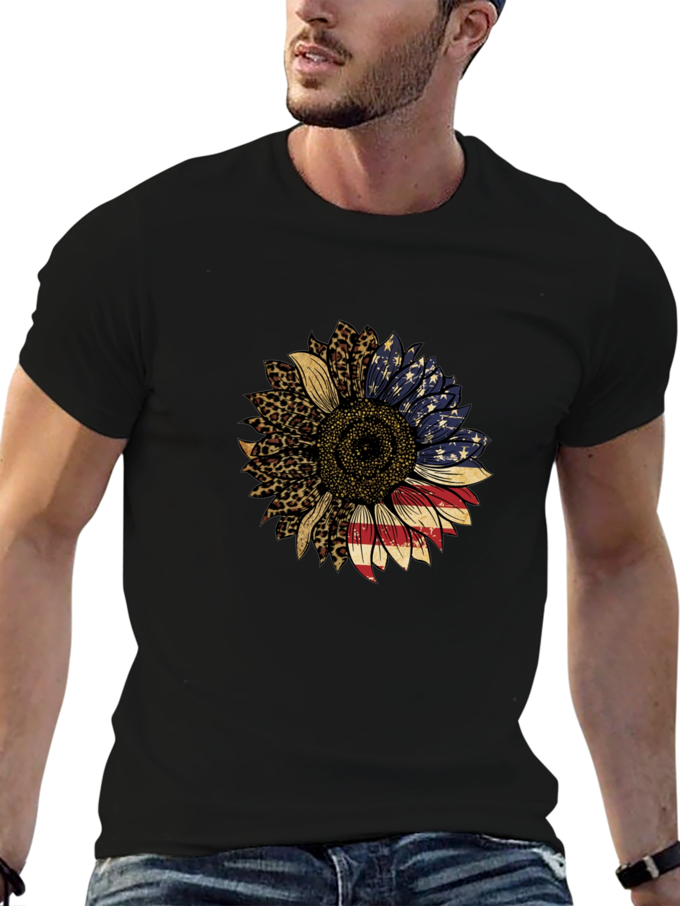 American Flag Sunflower Graphic Tee - Black