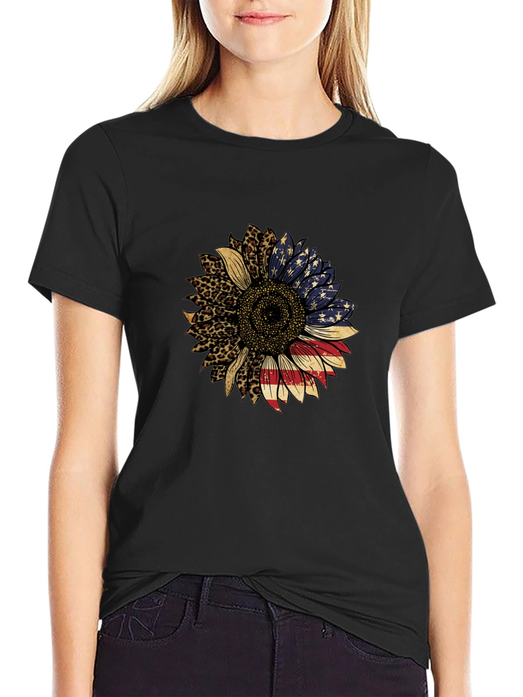 American Flag Sunflower Graphic Tee - Black