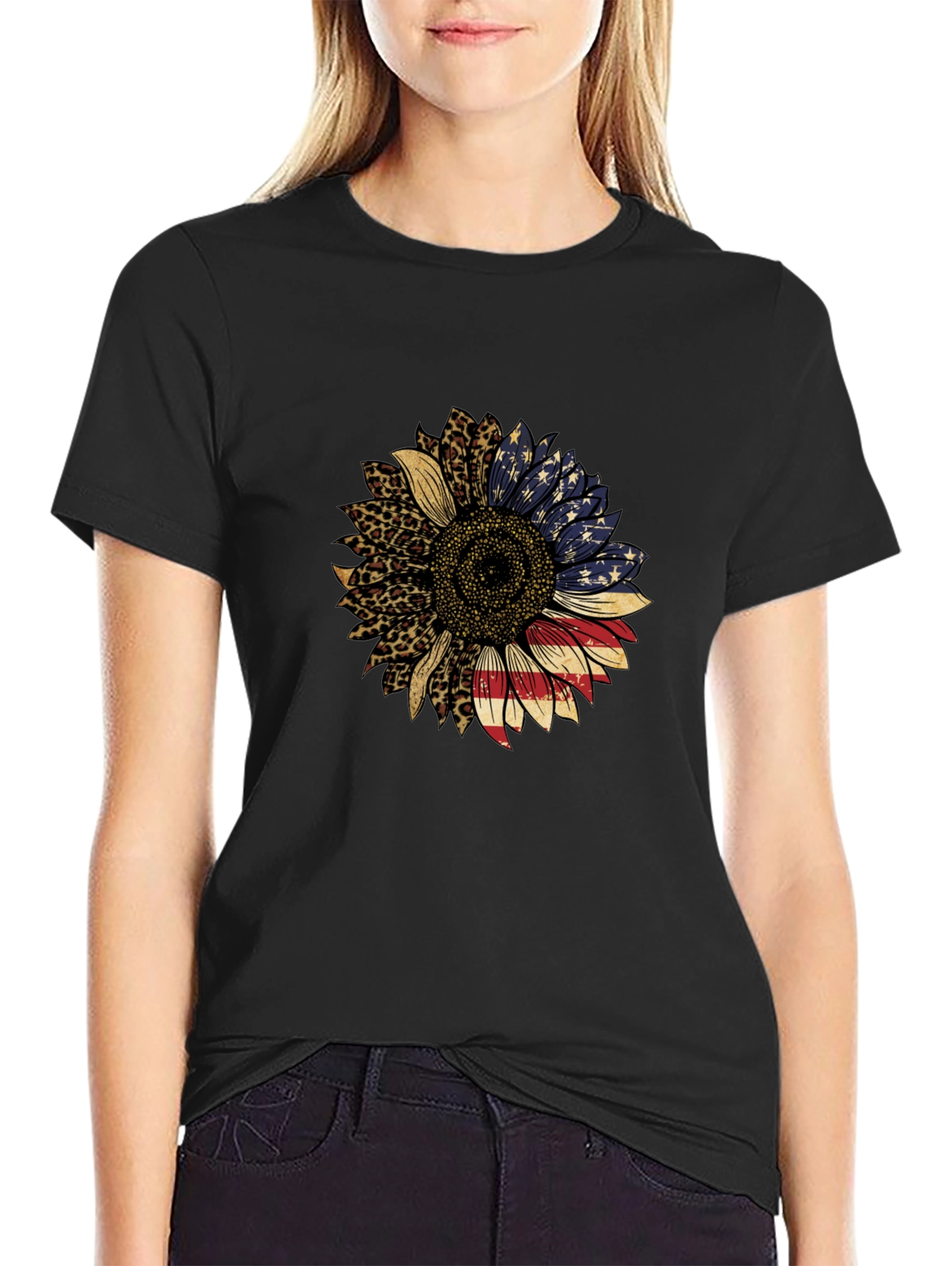 American Flag Sunflower Graphic Tee - Black