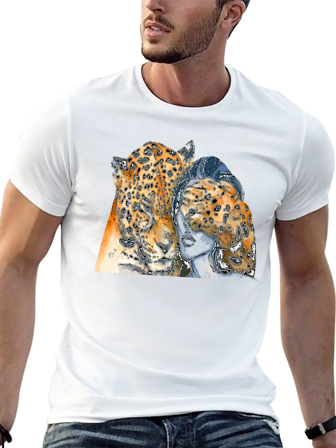 Leopard & Woman Graphic Print Black T-Shirt