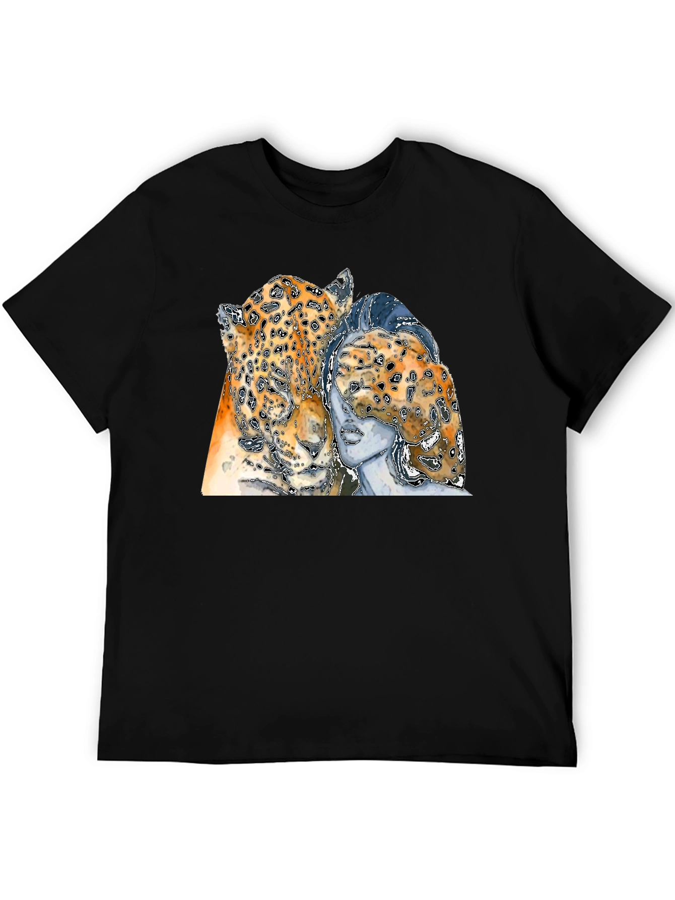 Leopard & Woman Graphic Print Black T-Shirt