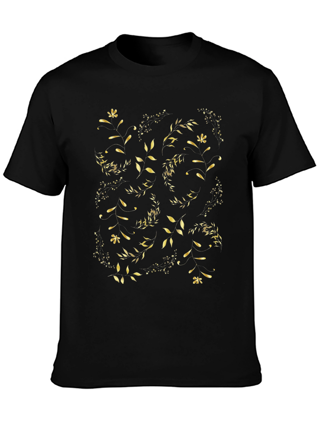 Golden Floral Print Black T-Shirt